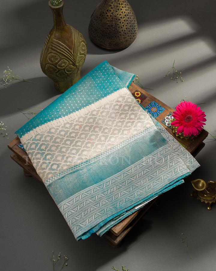 Sea Green Banarasi Tissue Silk Saree with Multicolor Floral Buti & Silver Zari Temple Border