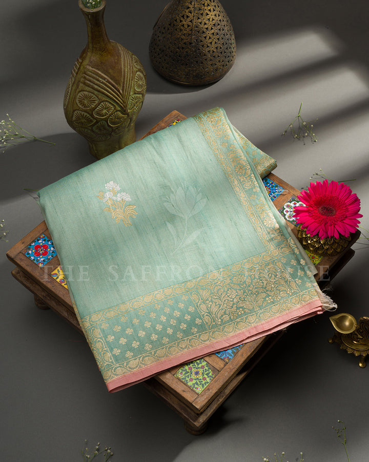 Sea Green Tussar Silk Saree with Scattered Gold Zari Buti & Floral Border