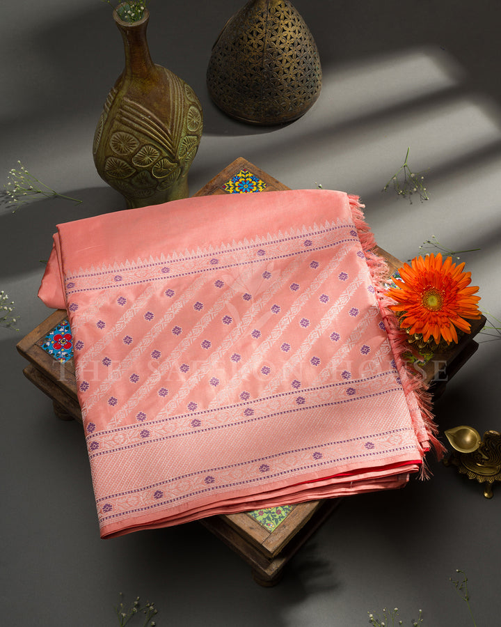 Peach Banarasi Silk Saree with Diagonal Purple Buti Weave & Silver Zari Border
