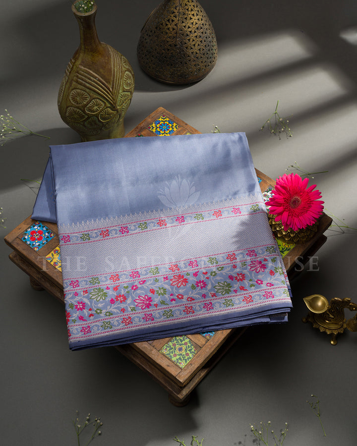Steel Blue Banarasi Silk Saree with Chevron Zari Weave & Multicolor Floral Border