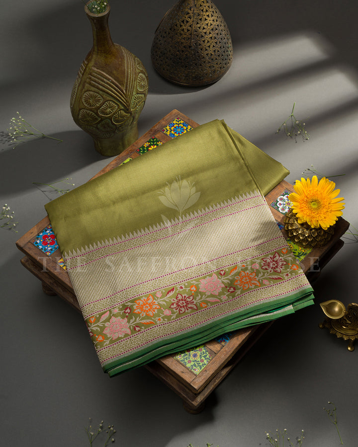 Olive Green Banarasi Silk Saree with Chevron Zari Border & Multicolor Floral Vine