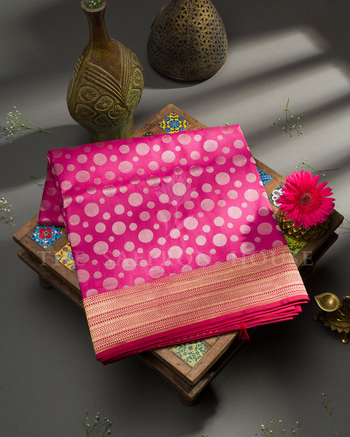 Rani Pink Banarasi Silk Saree with Gold Zari Polka Dot Weave & Chevron Border