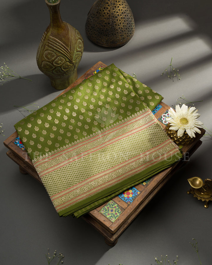 Olive Green Banarasi Silk Saree with Scattered Gold Zari Floral Buti & Diamond Lattice Border