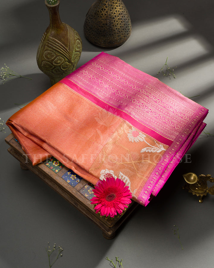 Peach Kanchivaram Silk Saree with Kota Border & Magenta Zari Pallu