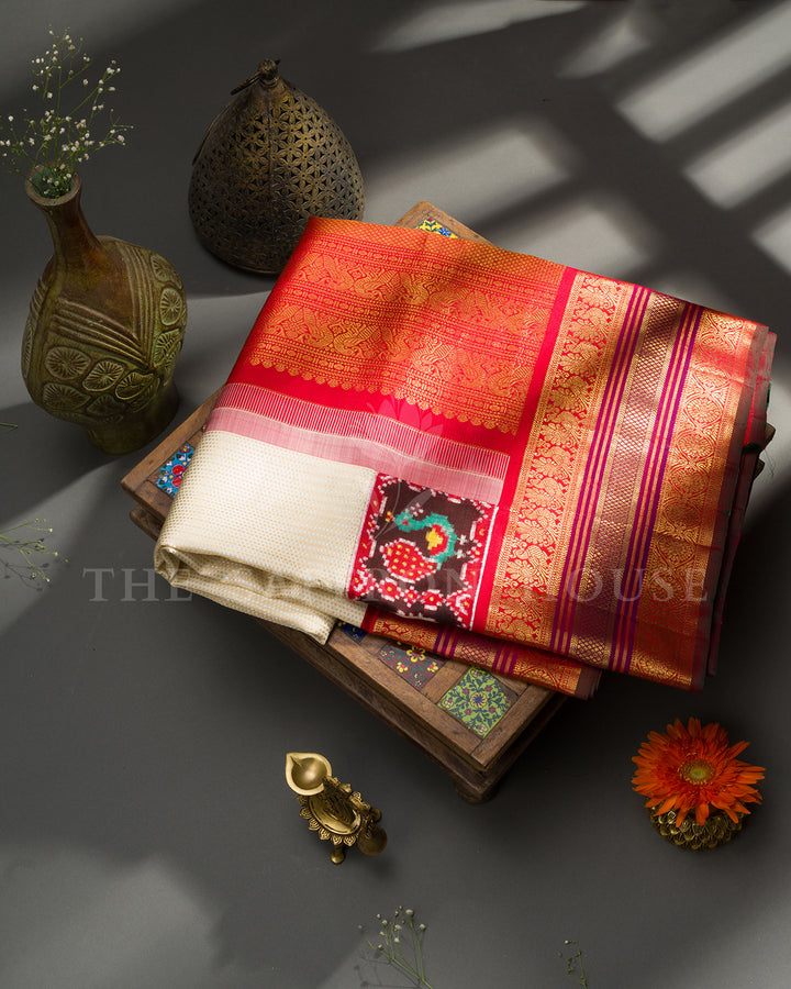 Ivory Kanchivaram Silk Saree with Patan Patola Fusion Border