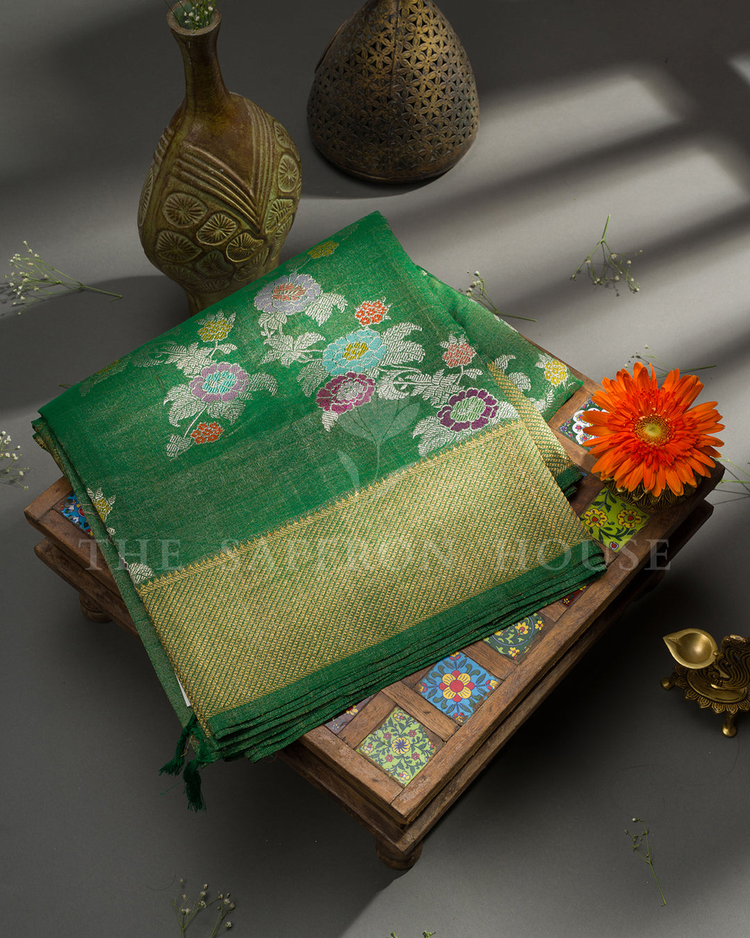 Emerald Green Banarasi Tissue Silk Saree with Meenakari Floral Bunch & Gold Zari Elephant Border