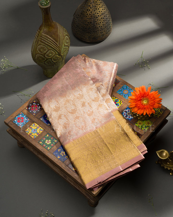 Dusty Pink Kanchivaram Silk Tissue Saree with Horse Procession Pallu & Wide Gold Zari Border