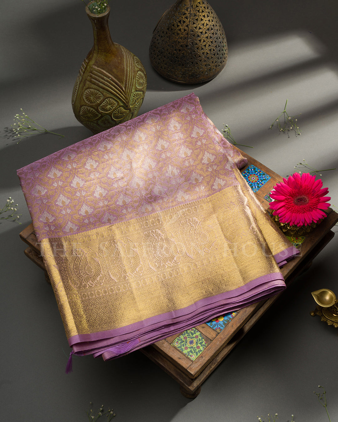 Lilac Kanchivaram Silk Saree with Gold Zari Floral Jaal & Wide Paisley Temple Border