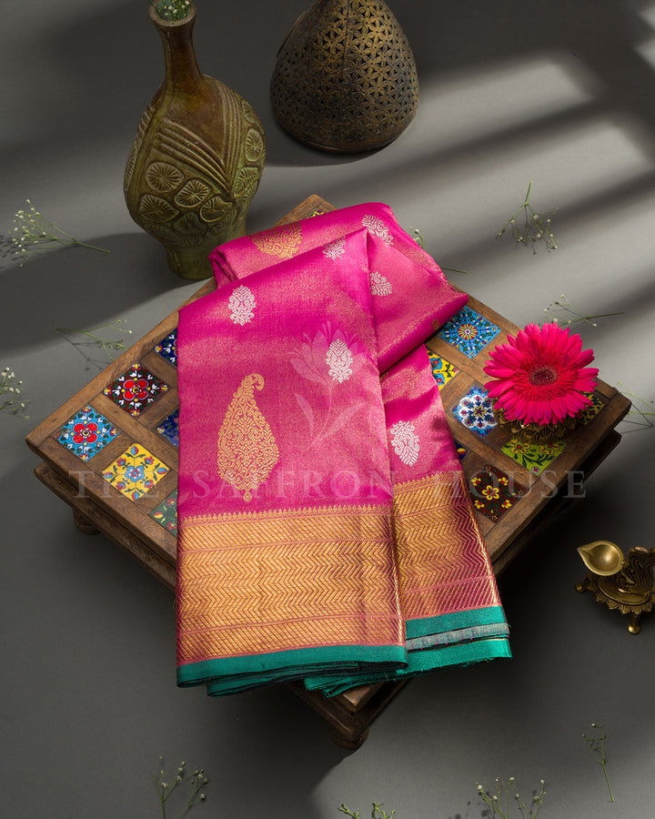 Rani Pink Kanchivaram Tissue Silk Saree with Gold Zari Paisley Buti & Elephant Border