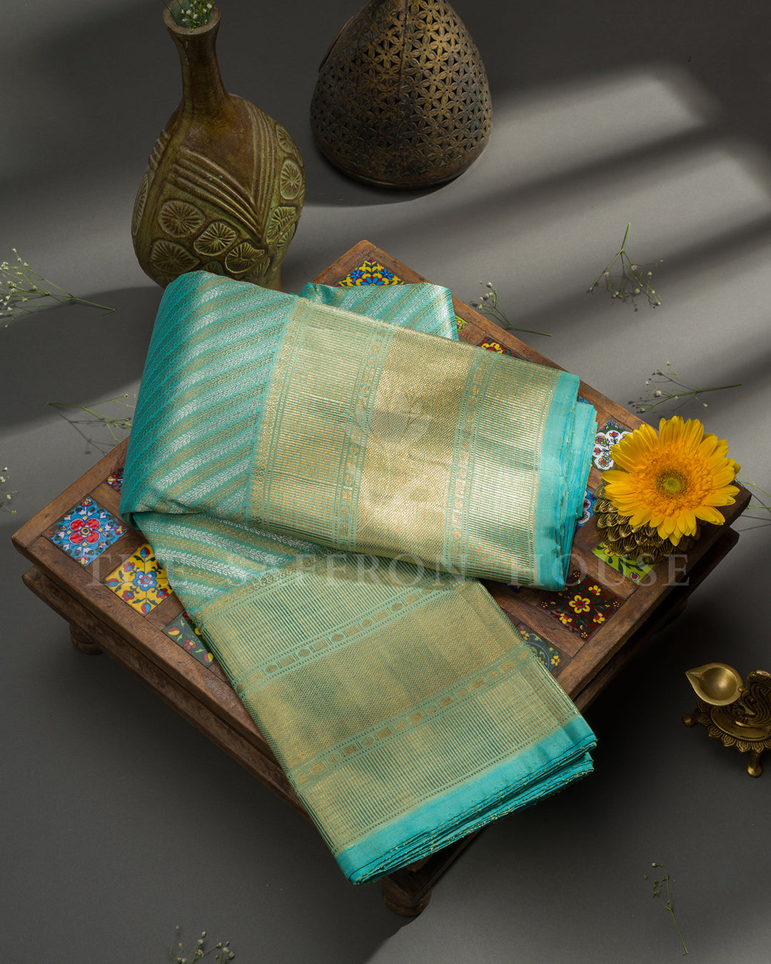 Sky Blue Kanchivaram Silk Saree with Diagonal Gold Zari Stripe Weave & Wide Textured Border