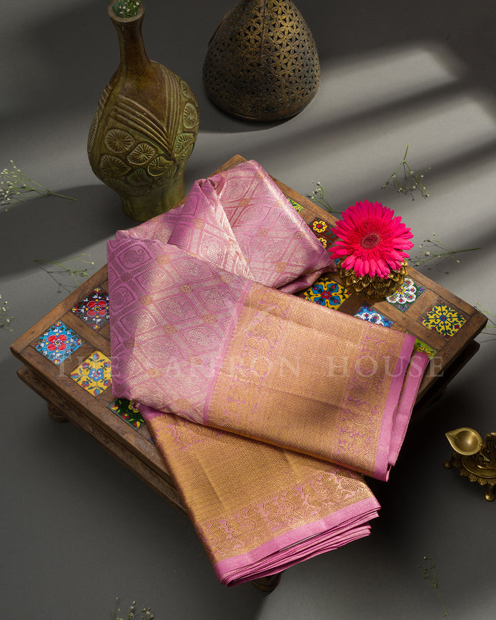 Baby Pink Kanchivaram Silk Saree with Diamond Peacock Lattice Weave & Gold Zari Floral Border