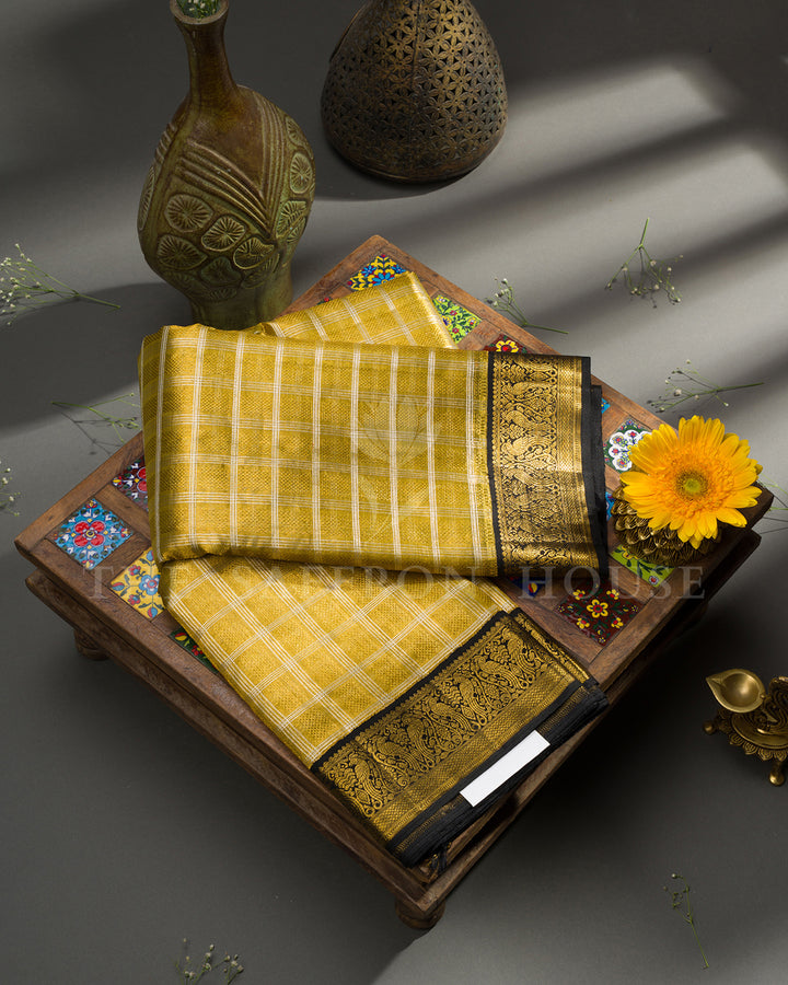 Gold Kora Kanchi Silk Saree with Silver Checkered Weave & Black Peacock Border