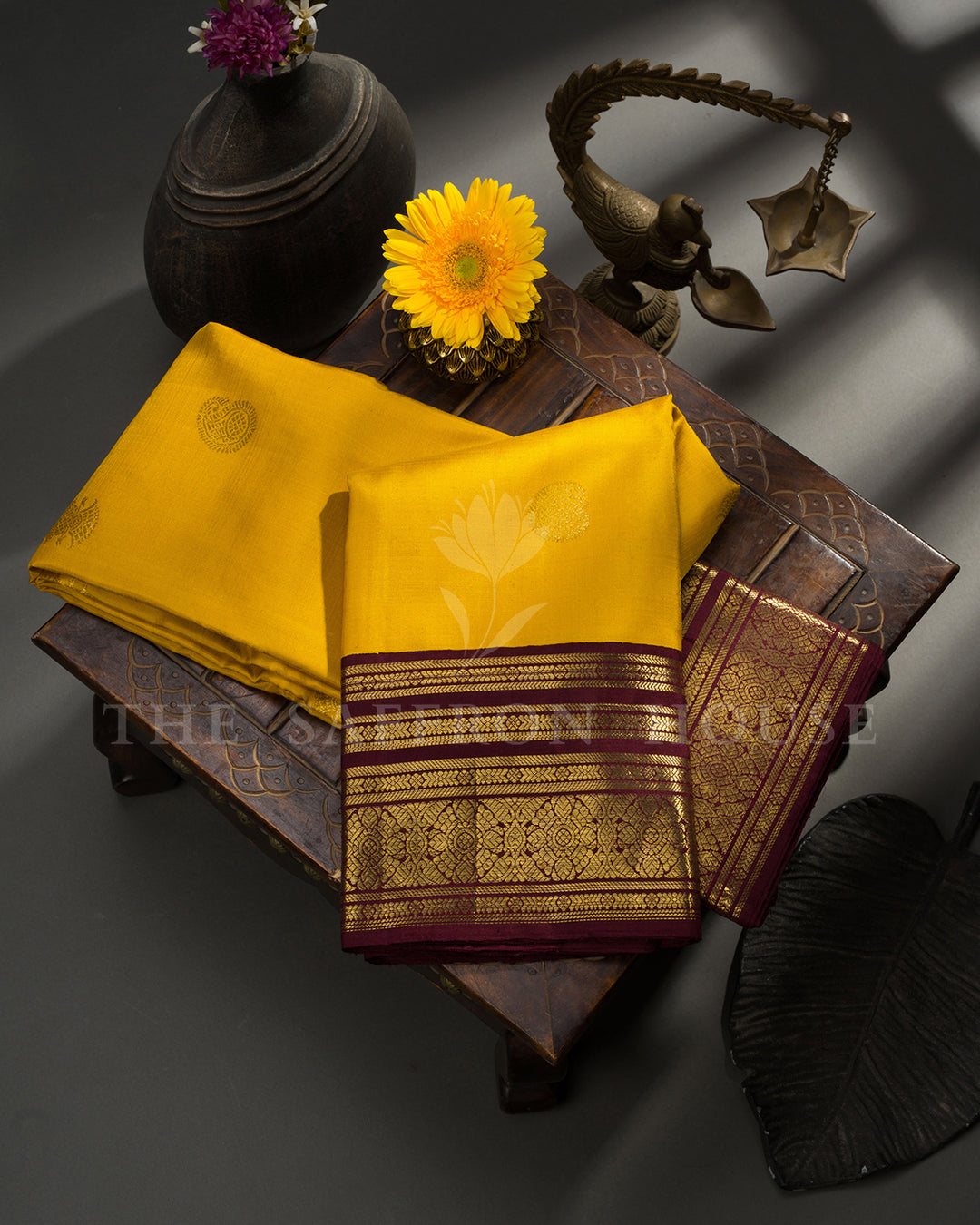 Yellow Korvai Kanchivaram Silk Saree with Scattered Zari Buti & Maroon Border