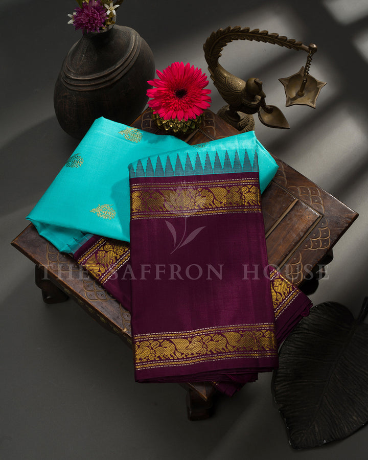 Turquoise Korvai Kanchivaram Silk Saree with Scattered Zari Buti & Wine Yali Border