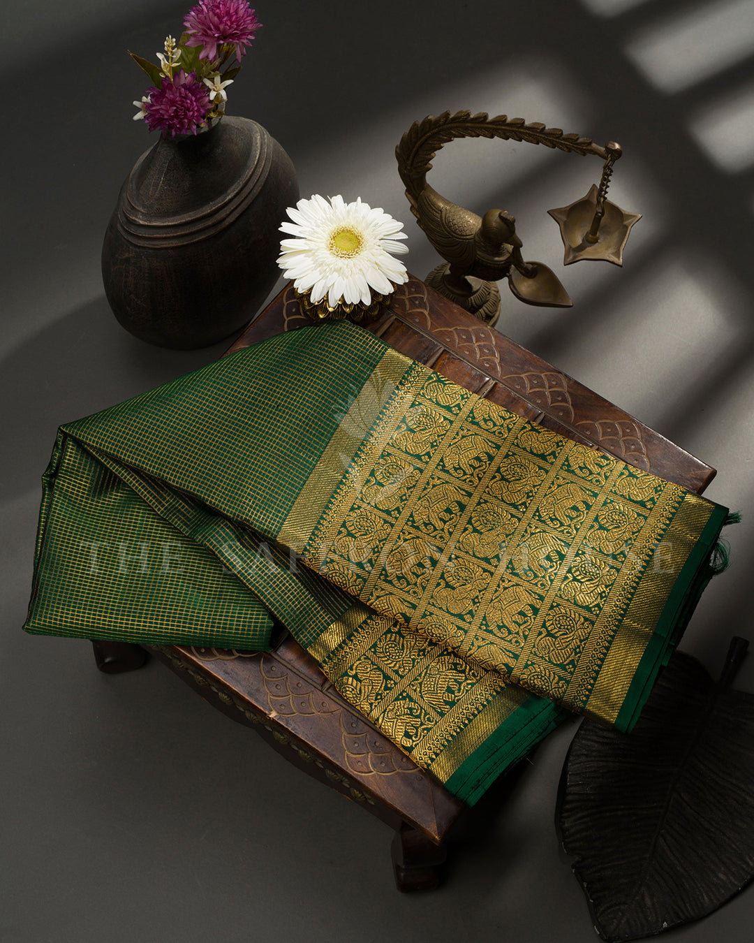 Emerald Green Kanchivaram Silk Saree with Checkered Zari Weave & Gold Elephant Procession Border