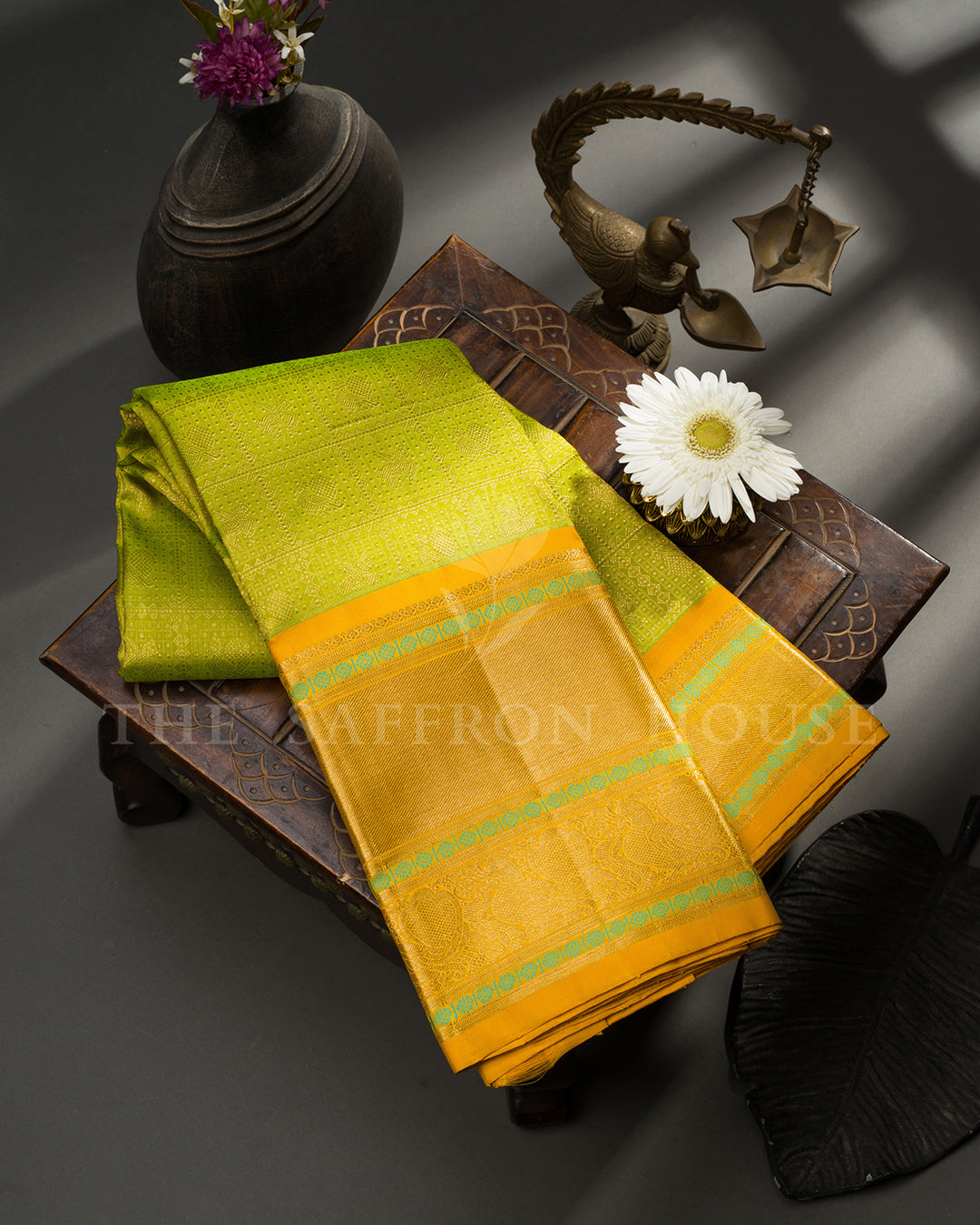 Parrot Green Kanchivaram Silk Saree with Zari Diamond Jaal & Golden Yellow Peacock Border