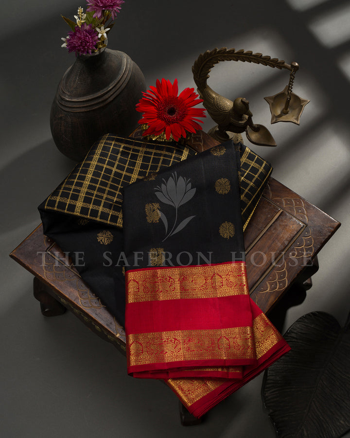 Black Kanchivaram Silk Saree with Zari Check Weave & Gold Buttis, Red Temple Border