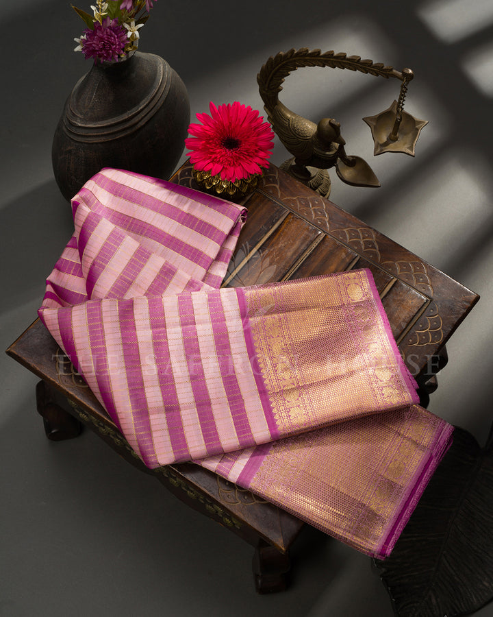 Pink and Magenta Striped Kanchivaram Silk Saree with Gold Zari Border