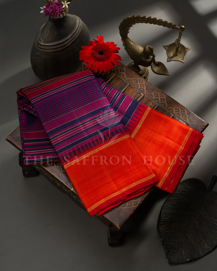 Purple and Navy Striped Kanchivaram Silk Saree with Orange Zari Border