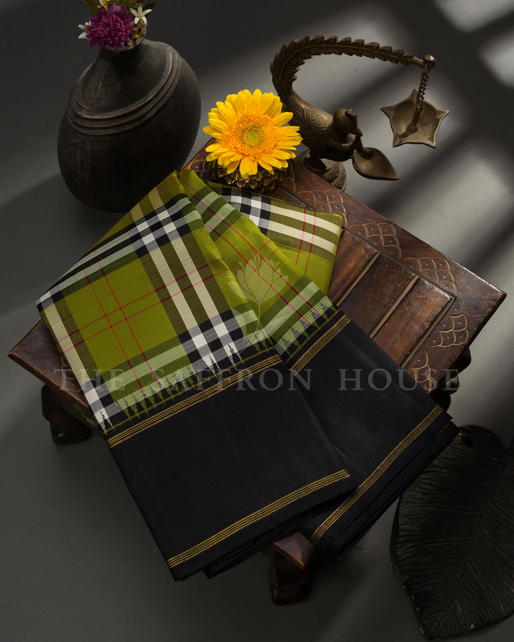 Olive Green Tartan Check Kanchivaram Silk Saree with Black Zari Border, Striped Pallu