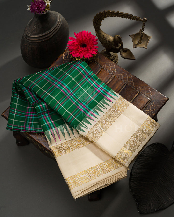 Green Tartan Check Kanchivaram Silk Saree with Cream Zari Border