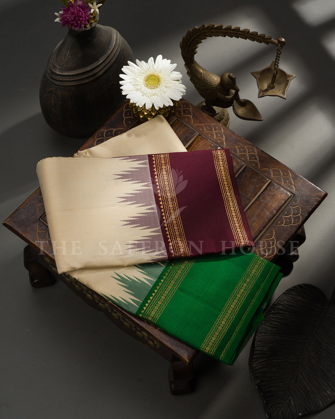 Cream Kanchivaram Silk Saree with Green Zari Border, Wine Striped Pallu