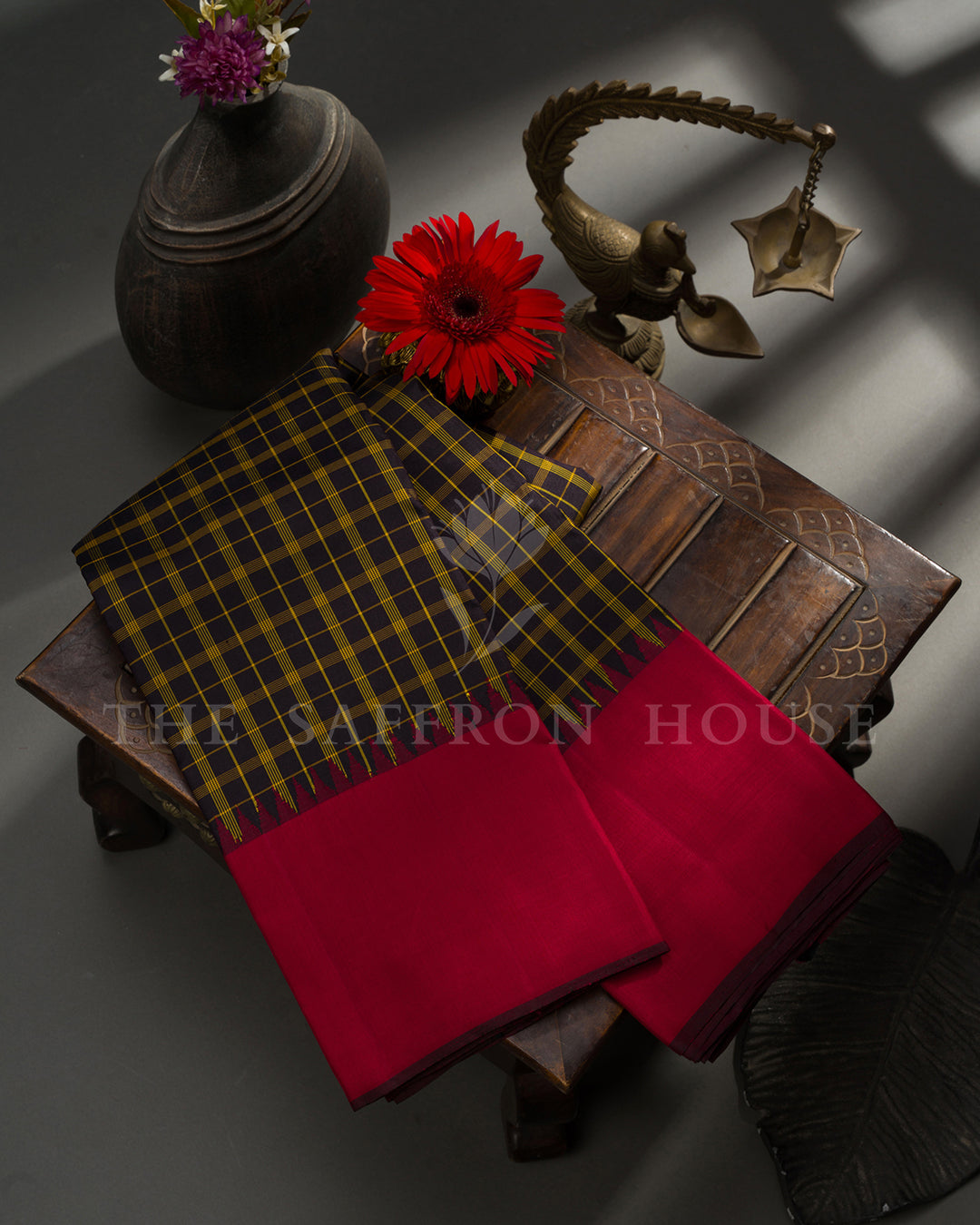 Navy Blue and Mustard Checked Kanchivaram Silk Saree with Red Border