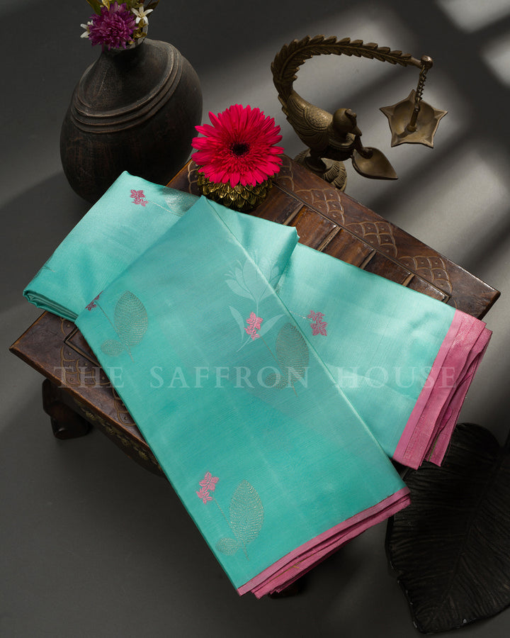 Turquoise Kanchivaram Silk Saree with Silver Leaf Buttis, Pink Border