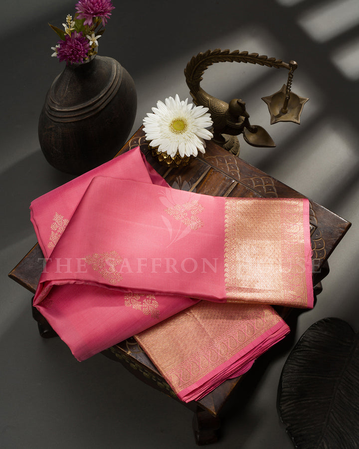 Pink Kanchivaram Silk Saree with Gold Zari Buttis, Self-Tone Paisley Pallu