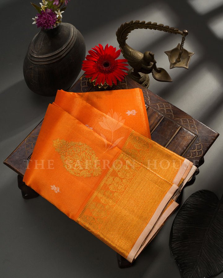 Orange Kanchivaram Silk Saree with Gold Zari Paisley Buttis, Dense Zari Pallu