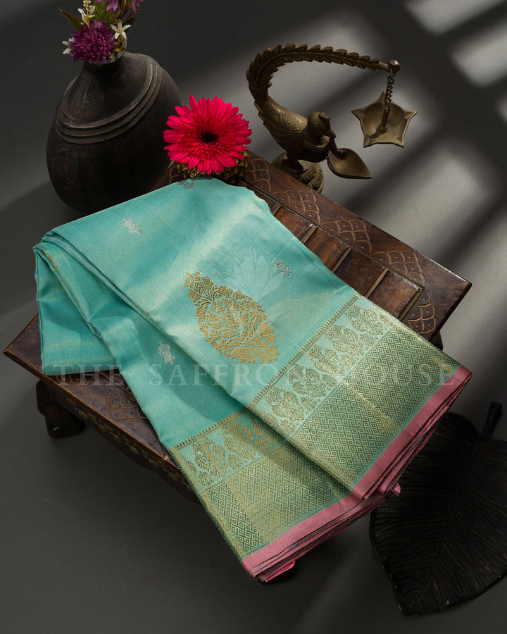Sea Green Kanchivaram Silk Saree with Gold Zari Paisley Buttis, Pink Border Pallu
