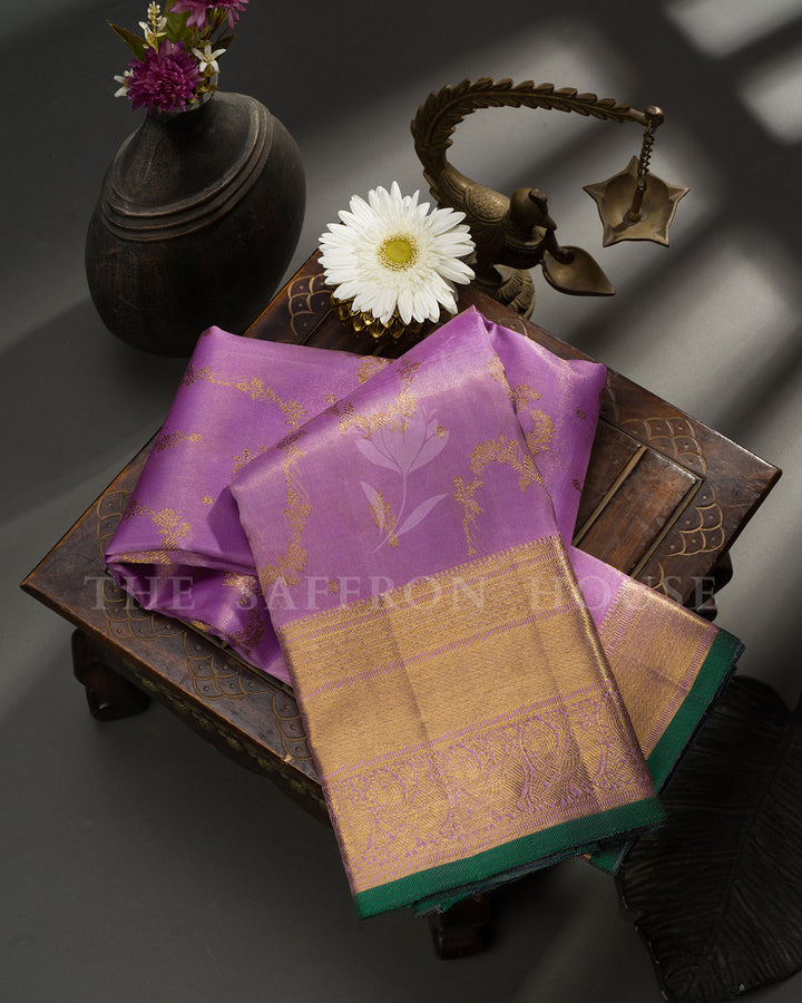 Lilac Kanchivaram Silk Saree with Gold Zari Vine Motifs, Green Edge Border