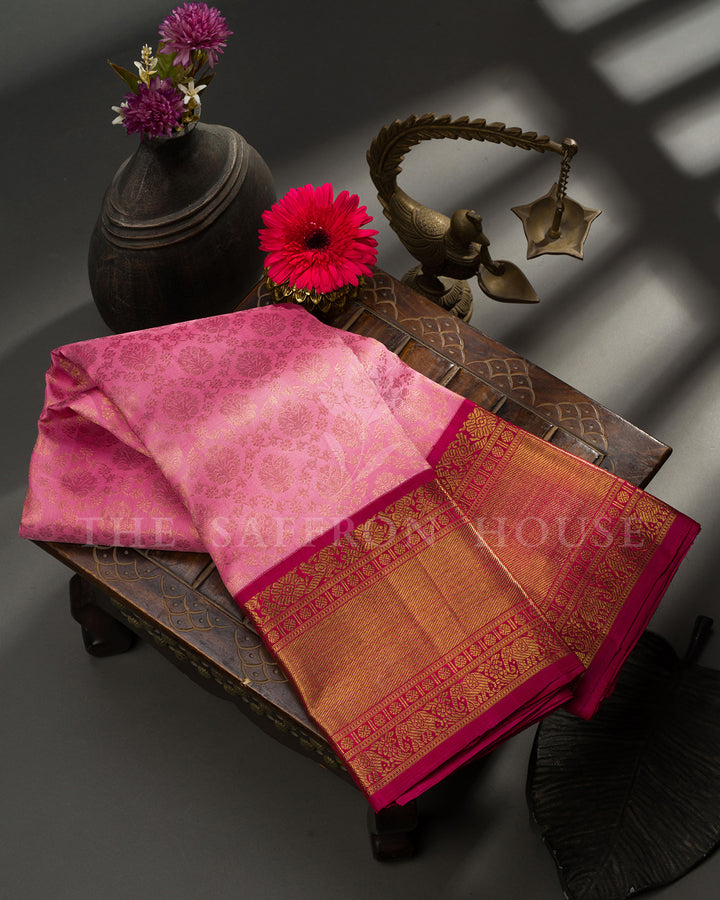 Baby Pink Kanchivaram Silk Saree with Zari Floral Jaal, Magenta Pallu with Elephant Motifs