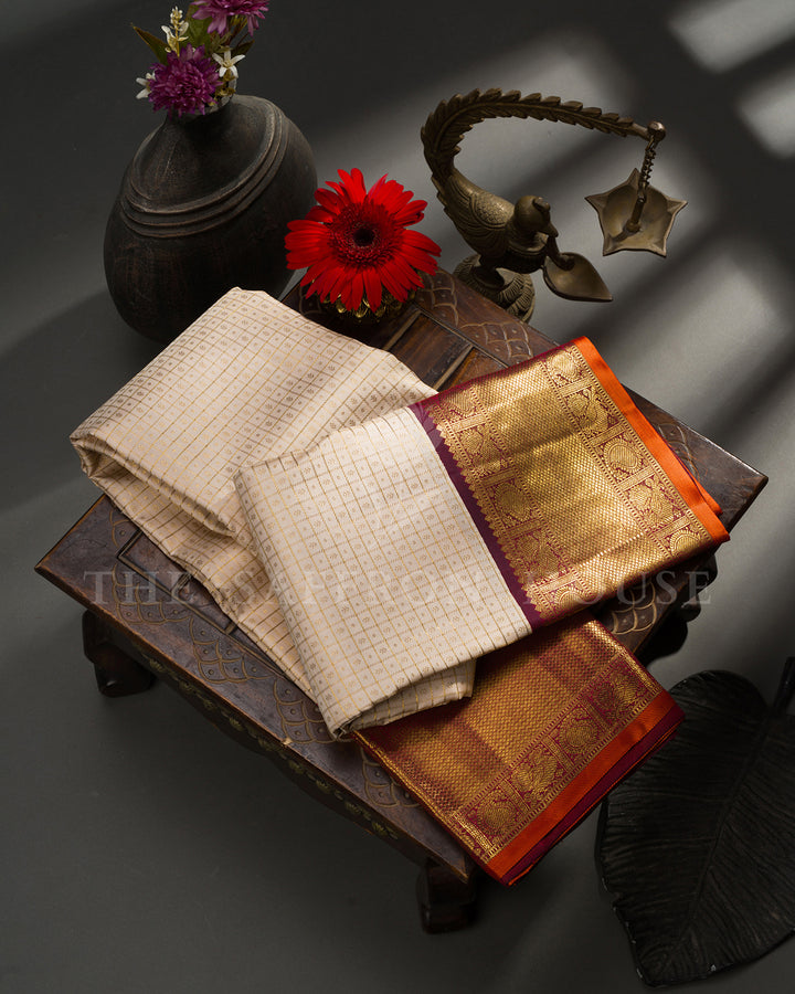 Cream Kanchivaram Silk Saree with Zari Check Weave, Maroon Pallu with Paisley Motifs