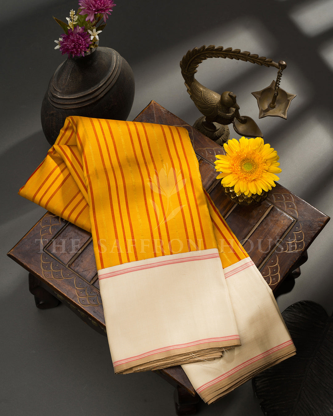 Mustard Yellow Cotton Saree with Red Pinstripes, Cream Pallu with Coral Trim