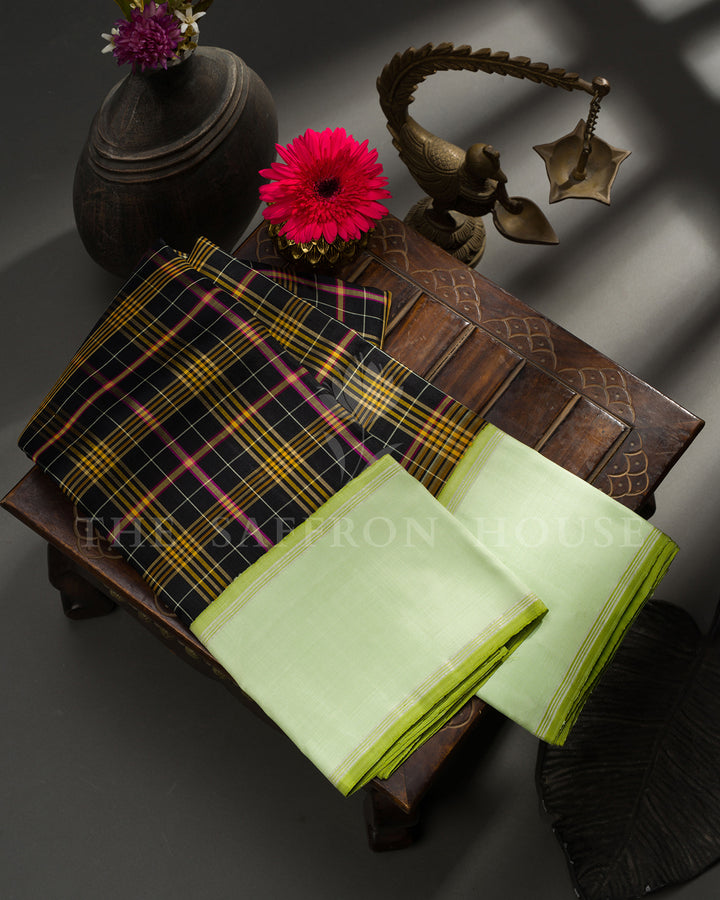 Black Tartan Check Kanchivaram Silk Saree with Green Border, Pastel Green Pallu