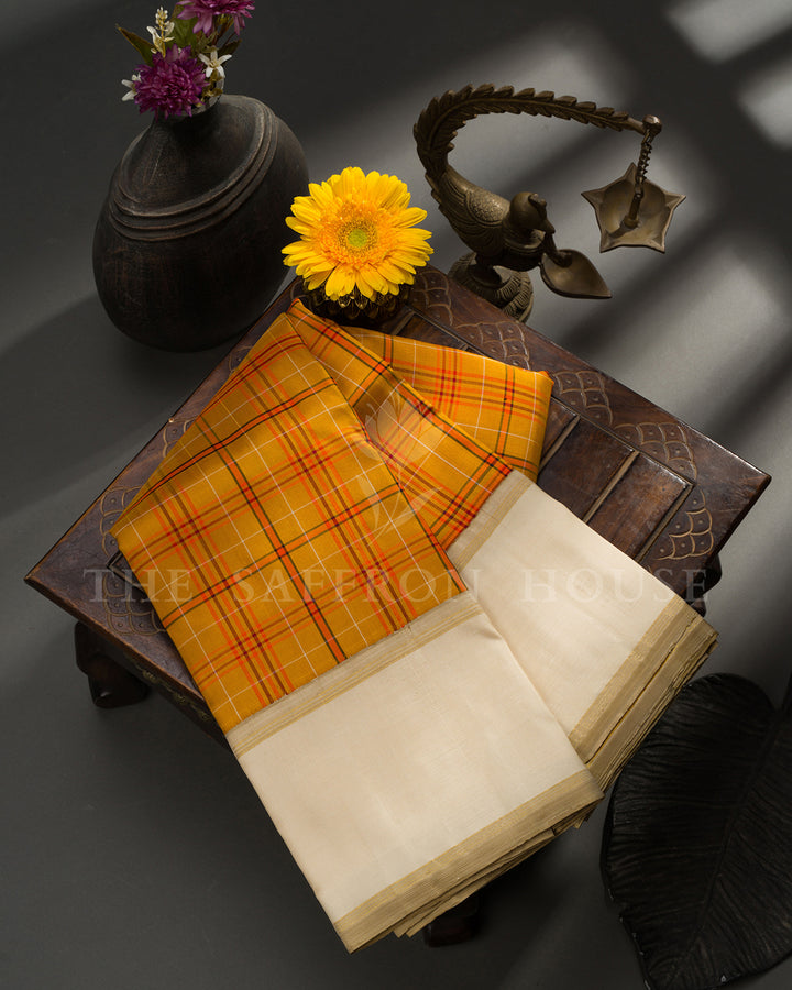 Mustard Tartan Check Kanchivaram Silk Saree with Gold Border, Cream Pallu