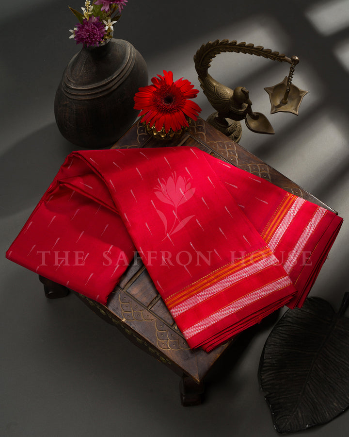 Red Kanchivaram Silk Saree with Silver Zari Buttis, White Zigzag Border