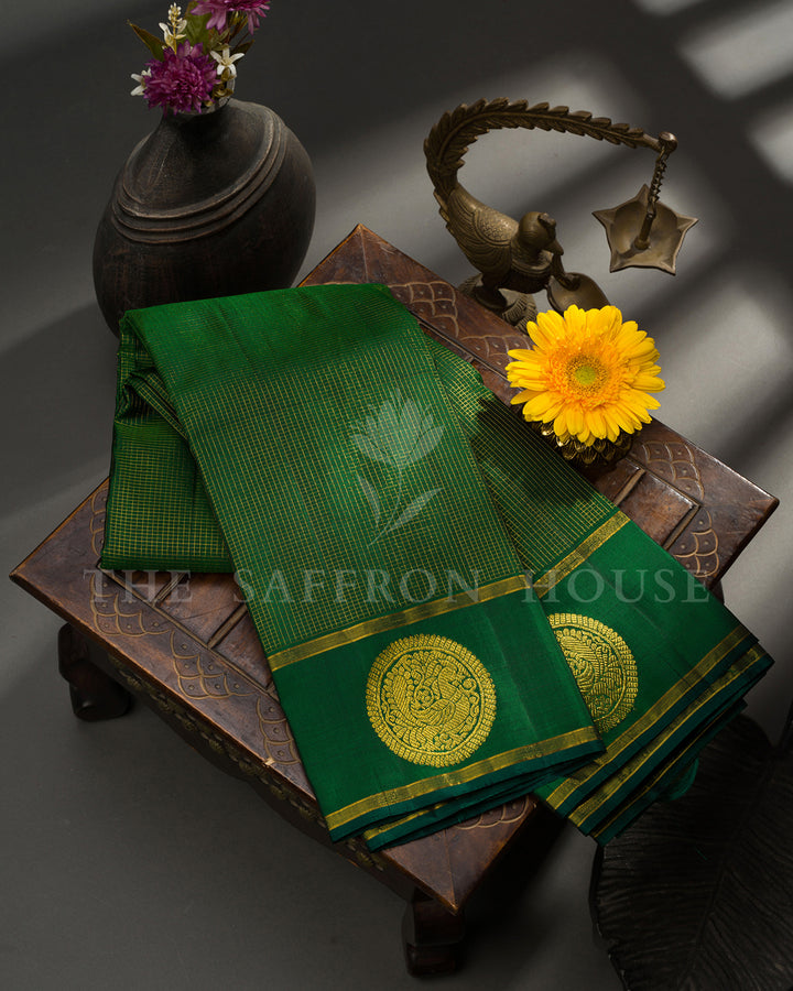 Bottle Green Kanchivaram Silk Saree with Zari Check Weave, Peacock Medallion Border