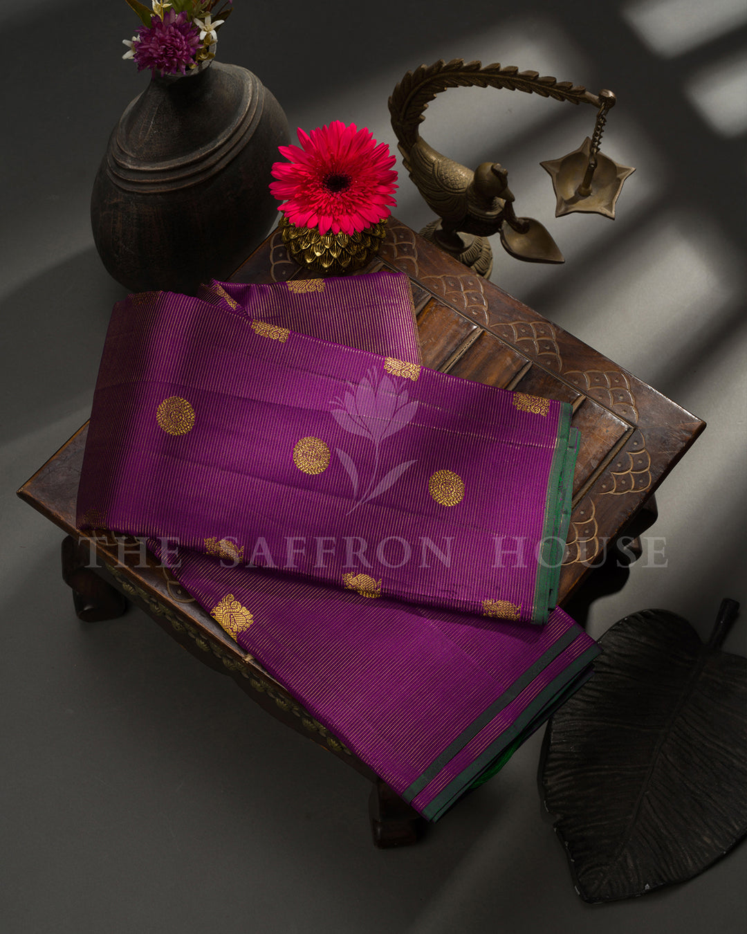 Purple Kanchivaram Silk Saree with Gold Zari Buttis, Rust Basket Weave Pallu
