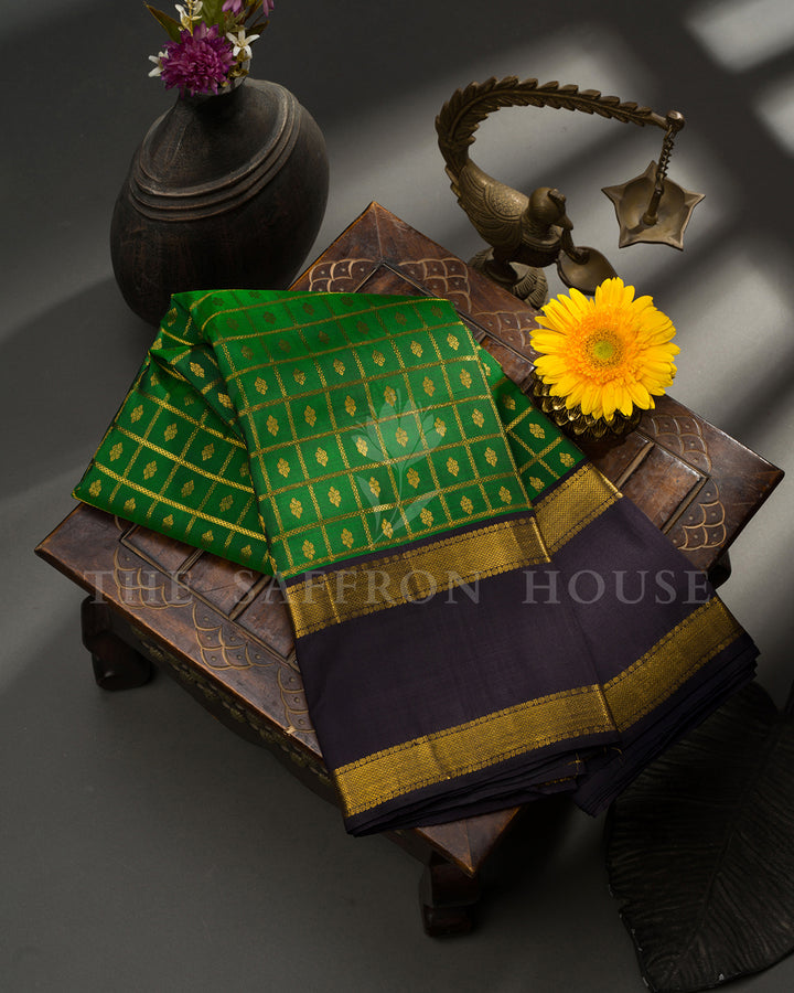 Green Kanchivaram Silk Saree with Gold Zari Check Weave, Black Border