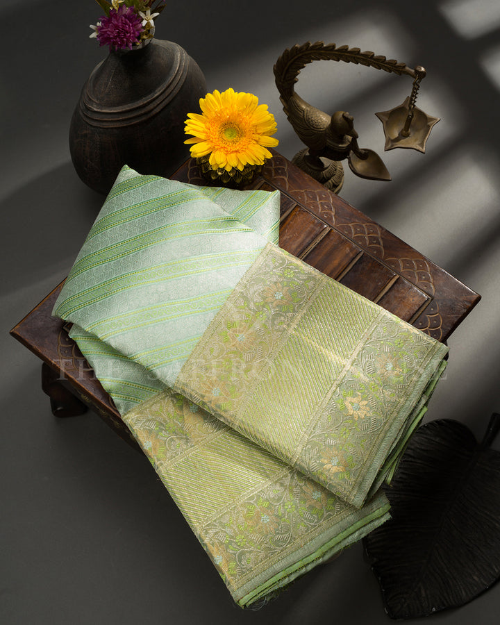 Mint Green Kanchivaram Silk Saree with Diagonal Stripe Weave, Floral Zari Border