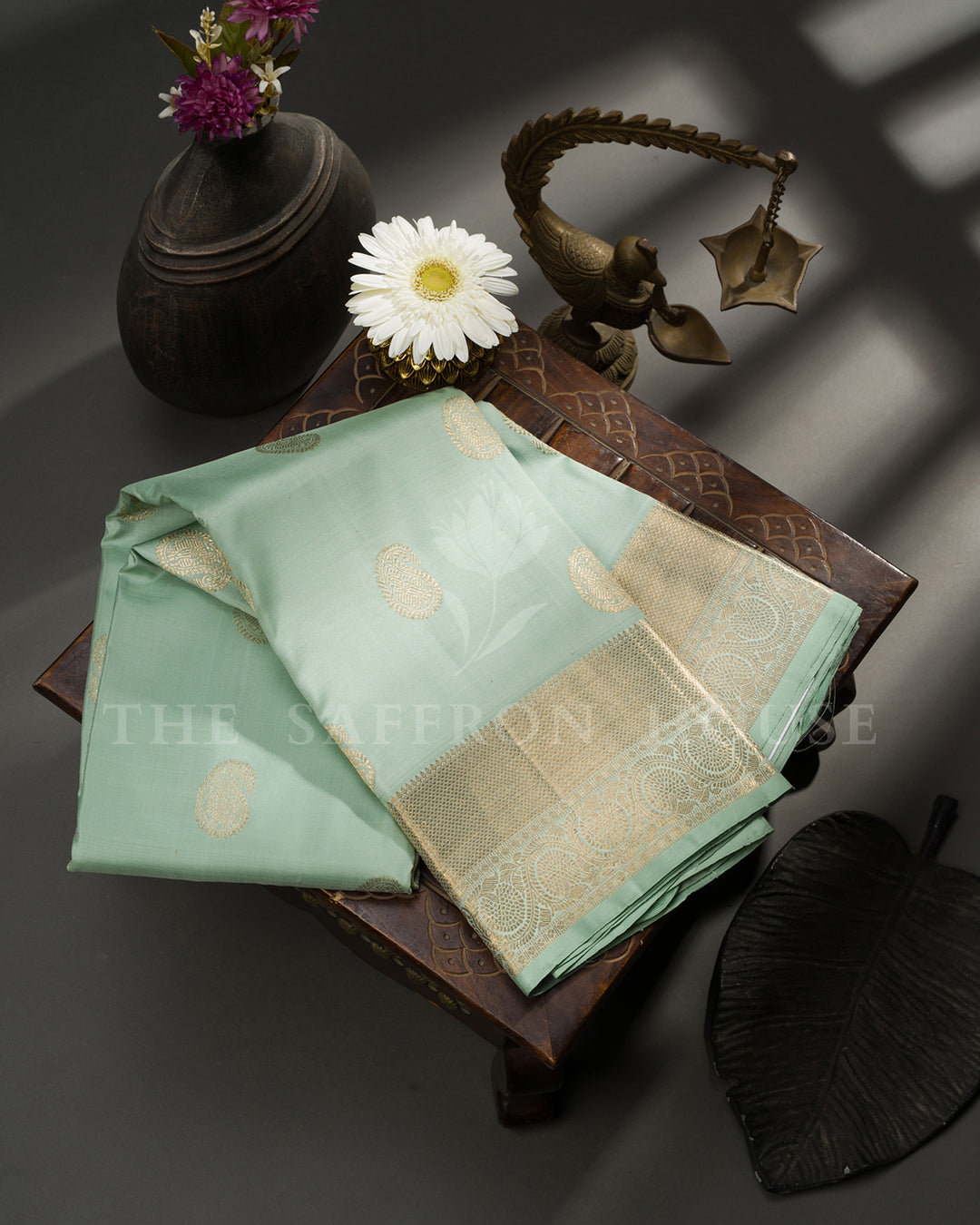 Mint Green Kanchivaram Silk Saree with Gold Zari Paisley Buttis, Wide Gold Border