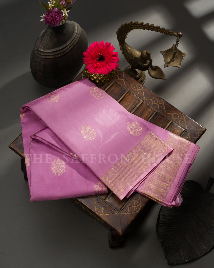 Mauve Kanchivaram Silk Saree with Gold Zari Paisley Buttis, Gold Border