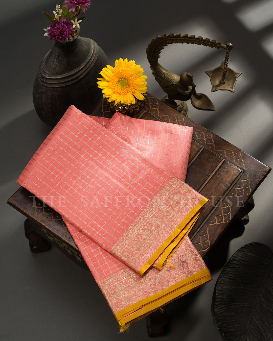 Peach Kanchivaram Silk Saree with Zari Check Weave