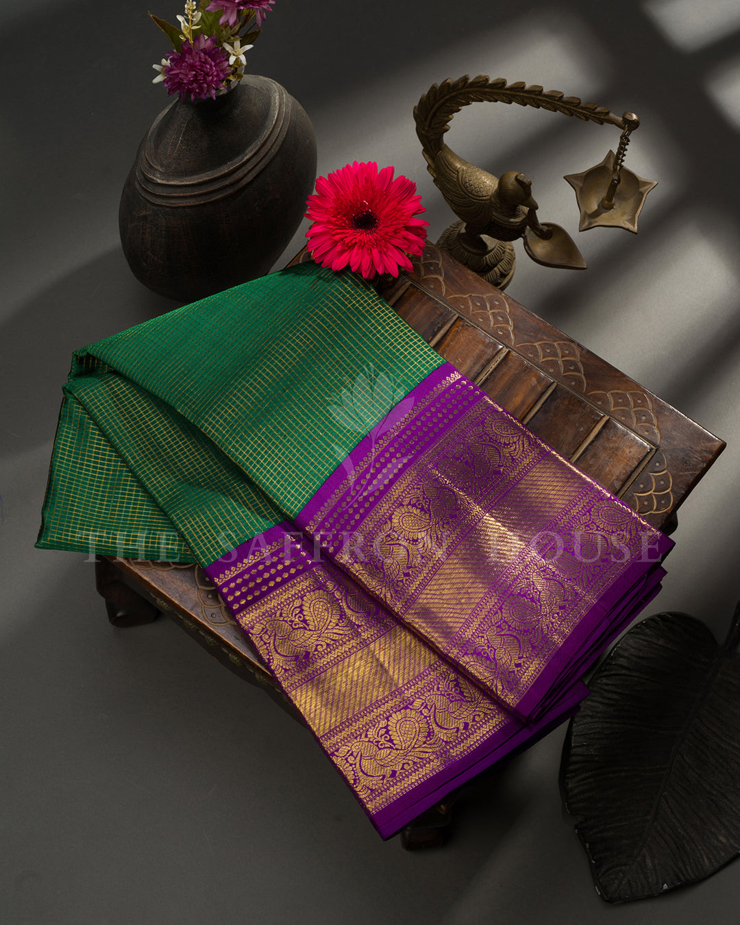 Green Kanchivaram Silk Saree with Zari Check Weave, Purple Peacock Border