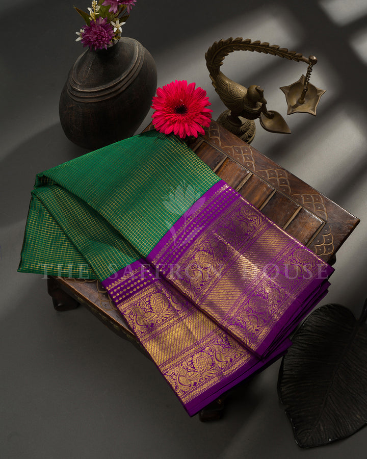 Green Kanchivaram Silk Saree with Zari Check Weave, Purple Peacock Border