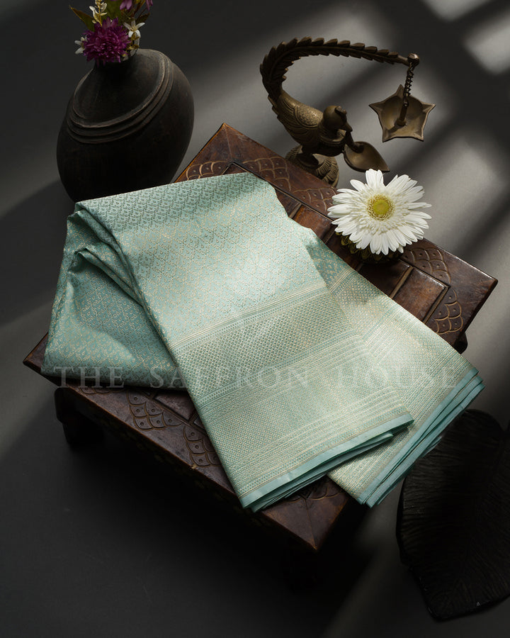 Mint Green Kanchivaram Silk Saree with Zari Diamond Lattice, Self-Tone Border