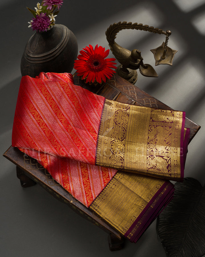 Red Kanchivaram Silk Saree with Diagonal Zari Stripes, Wine Gold Border