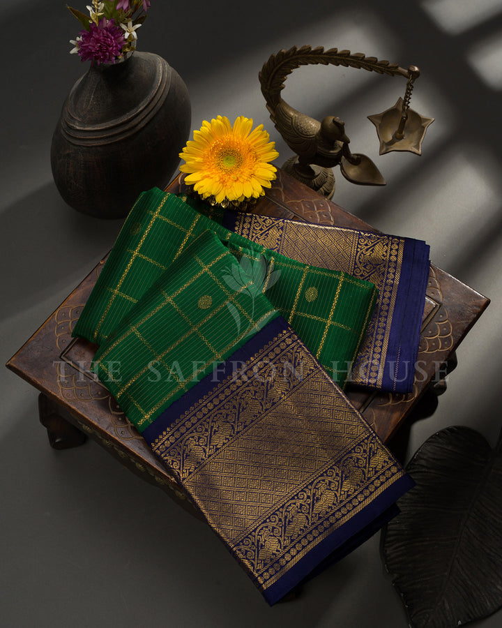 Green Kanchivaram Silk Saree with Gold Zari Check Weave, Navy Blue Border